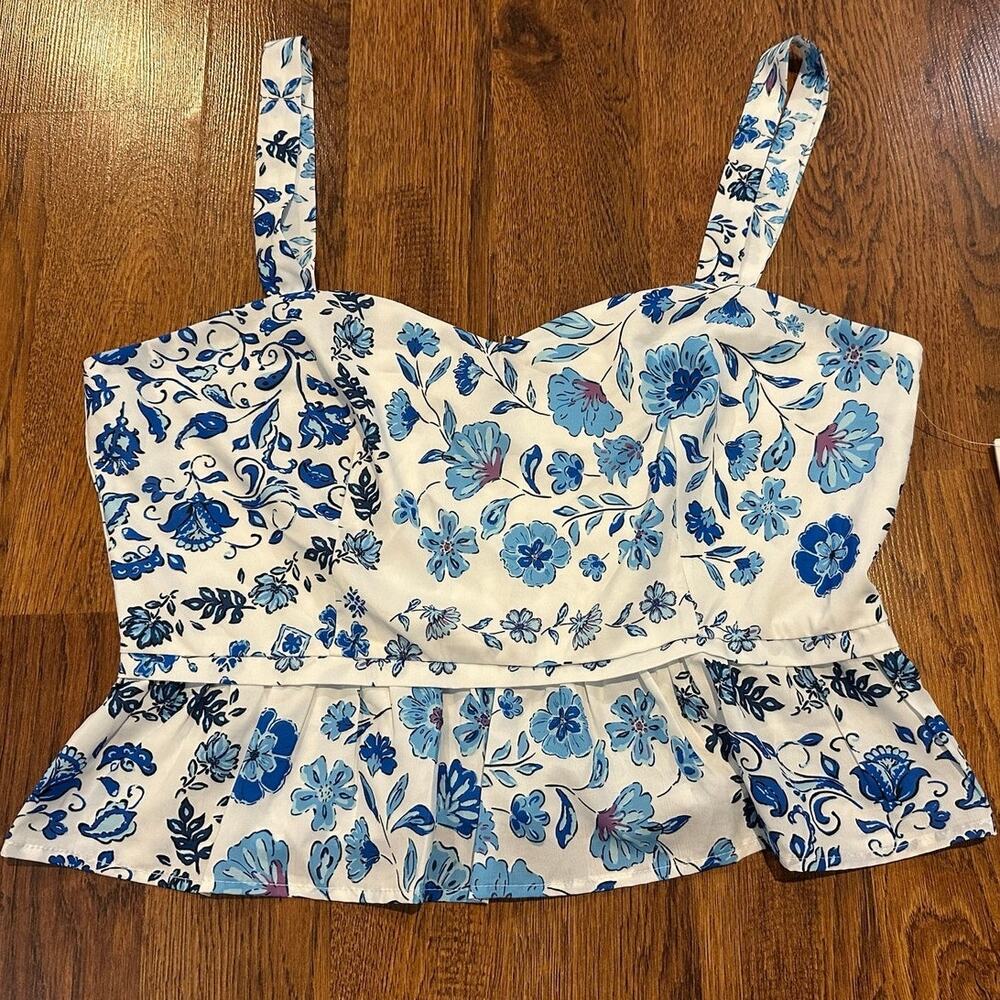 Aqua Women’s Floral Peplum Hem Tank Top White Blue Size XL NWT Sleeveless